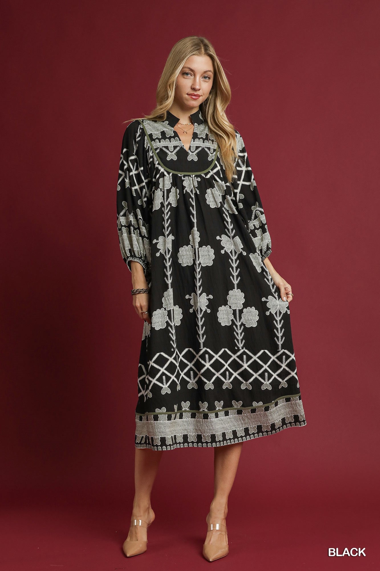 Umgee Tribal Print V-Neck Midi Dress with Puff Sleeves – Black Mix with Olive Piping