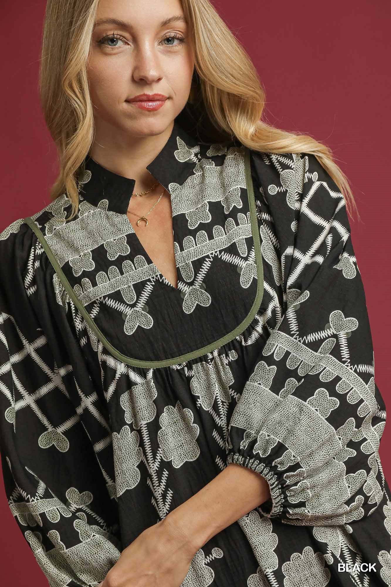 Umgee Tribal Print V-Neck Midi Dress with Puff Sleeves – Black Mix with Olive Piping