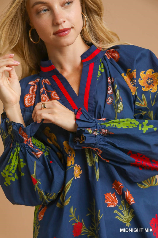 Umgee Floral Print V-Neck Open Collar Top – Stylish Casual Tops for Women