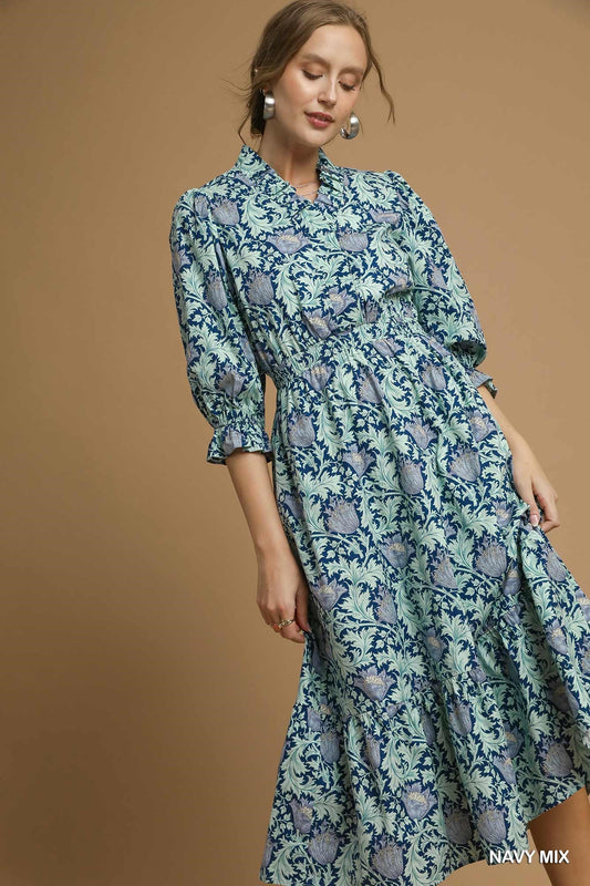 Umgee Abstract Print Midi Dress V-Neck Stand Collar [Blue Mix]