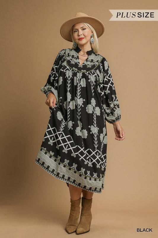 PLUS Umgee Tribal Print V-Neck Midi Dress with Puff Sleeves – Black Mix