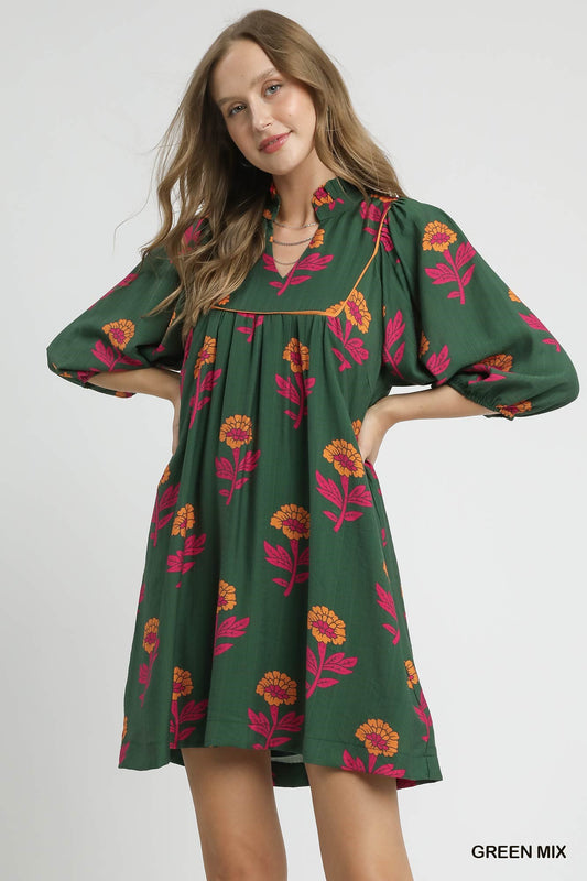 Umgee Floral Print Babydoll Tunic Dress – Ruffled V-Notch Puff Sleeve Dress