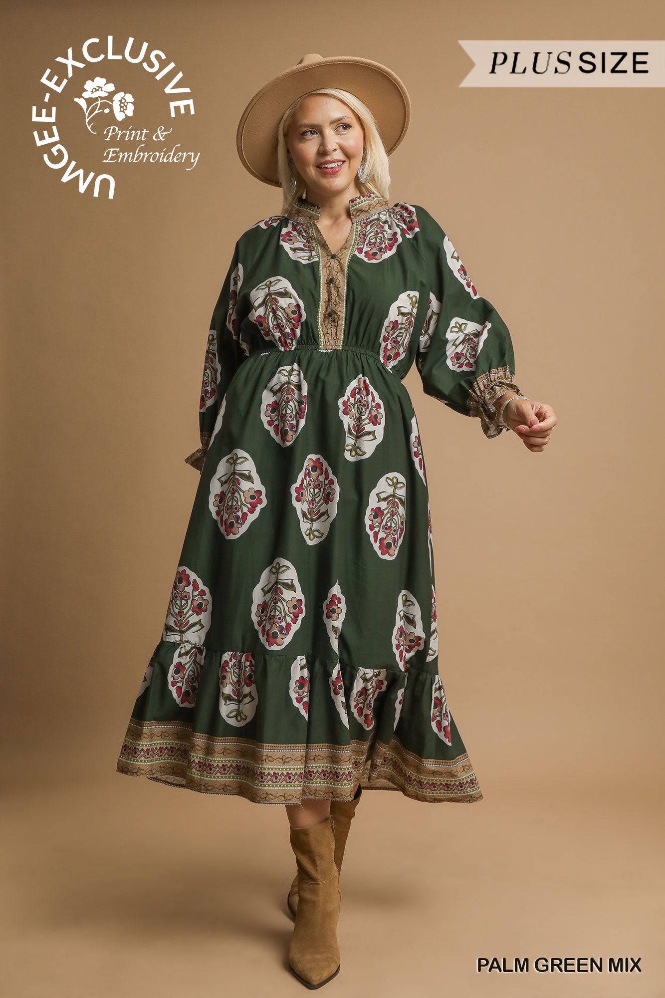 PLUS Umgee Flower Patch Border Copyright Print V-Neck Midi Dress