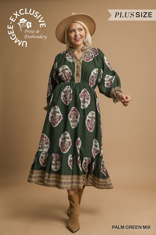 PLUS Umgee Flower Patch Border Copyright Print V-Neck Midi Dress