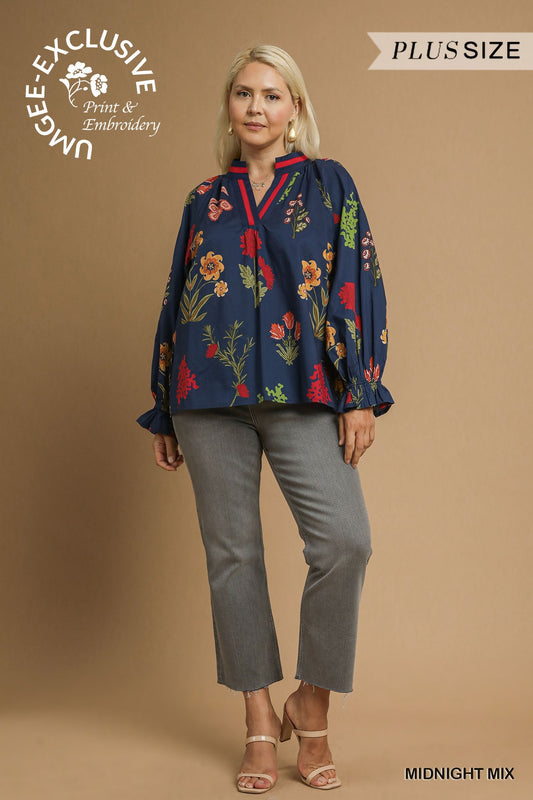PLUS Umgee Floral Print V-Neck Open Collar Top