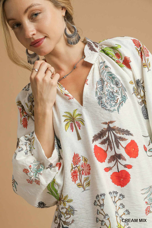 Umgee Split Neck Floral Print Blouse with Scalloped Edge