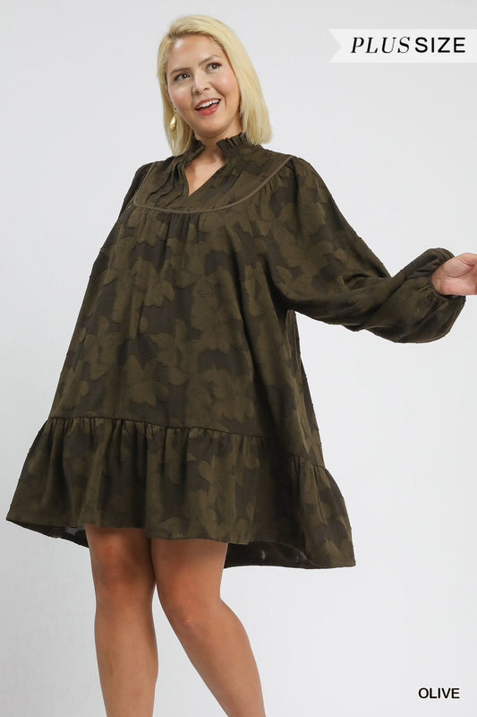 PLUS Umgee Textured Jacquard Mock Neck Babydoll Dress with Contrast Piping – Olive