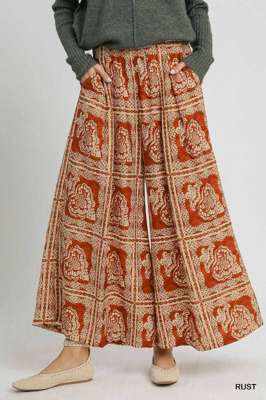 Umgee Bohemian Print Wide Leg Pants with Pockets – Rust