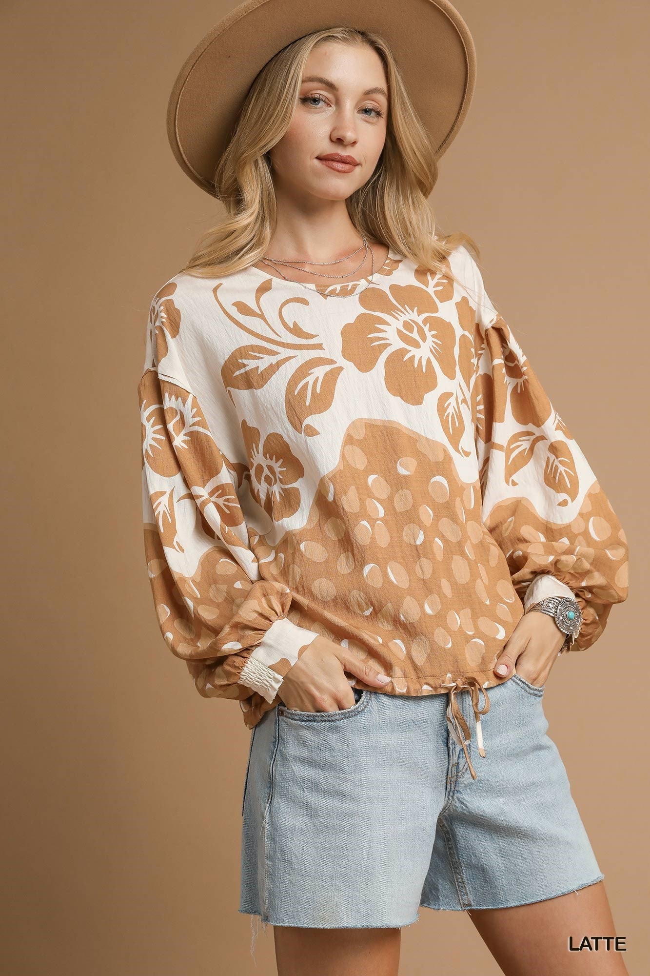 Umgee Latte Mix Floral Balloon Sleeve Top – Adjustable Drawstring Hem Blouse