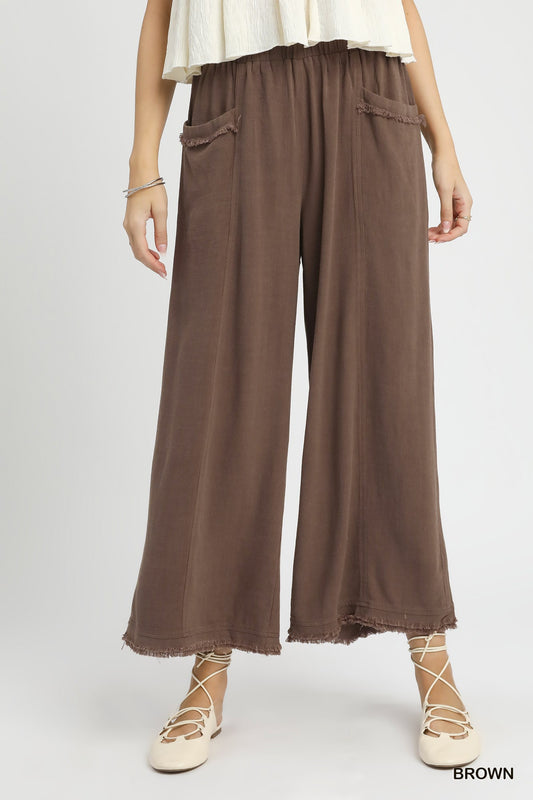 Umgee Brown Linen Wide Leg Palazzo Pants with Frayed Hem