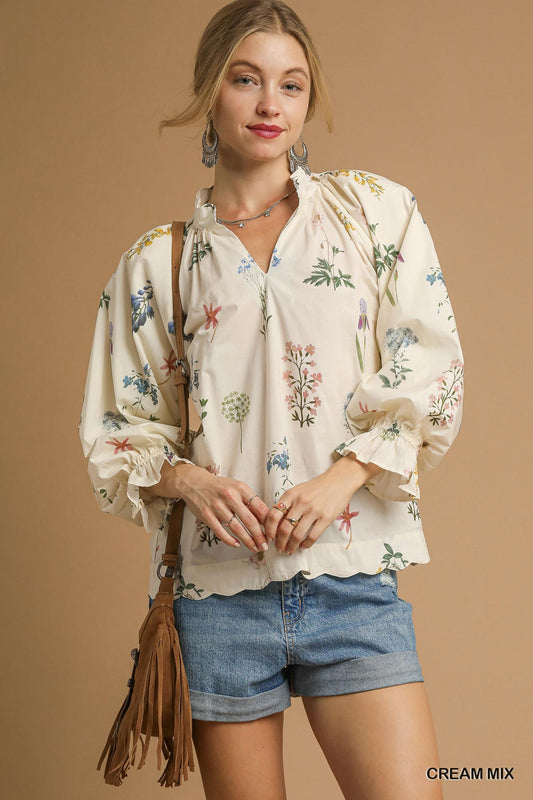 Umgee Floral Ruffle Neck Blouse with Balloon Sleeves – Cream Mix