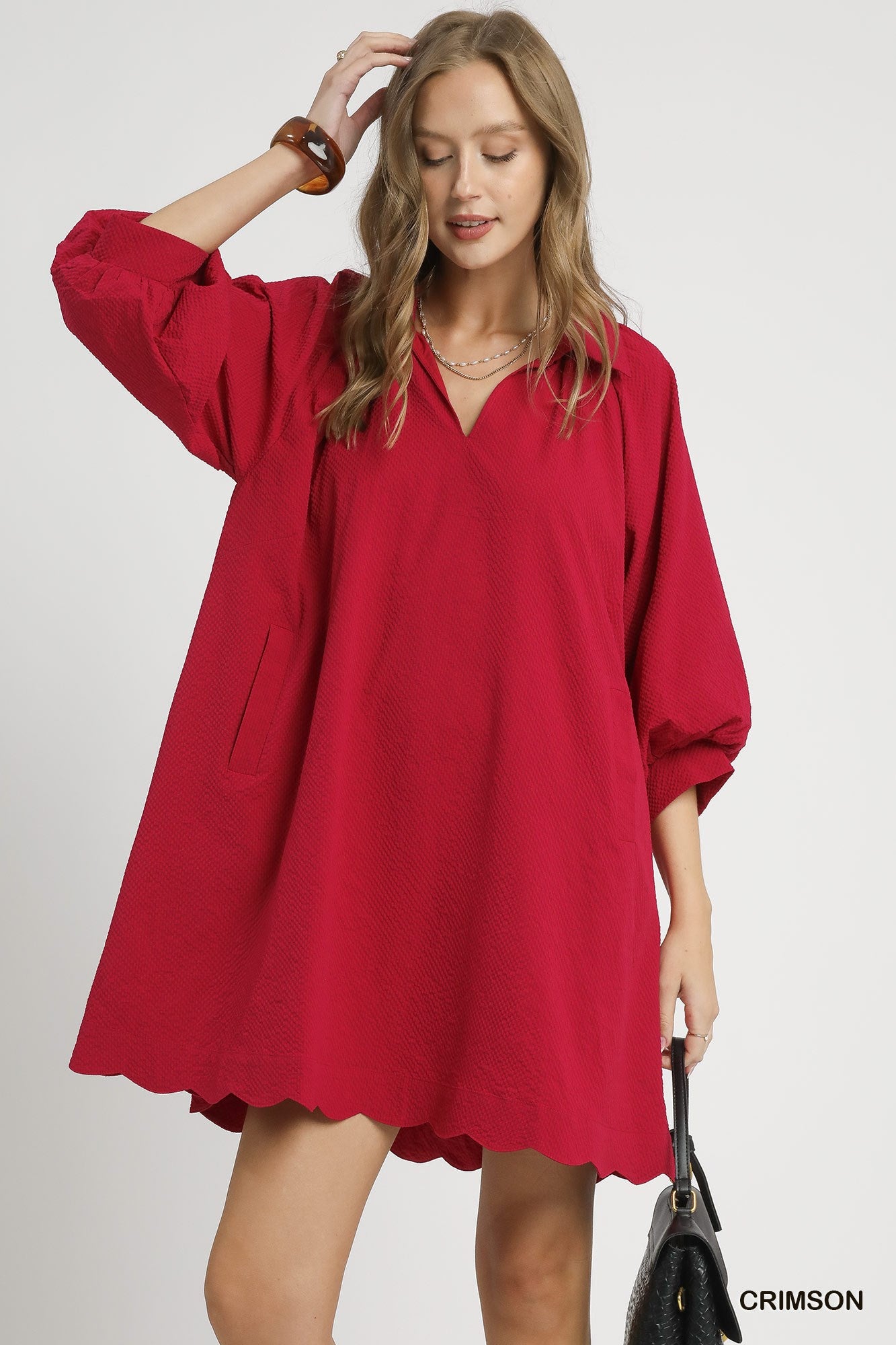 umgee red dress Umgee Split V-Neck Puff Sleeve Dress with Scalloped Detail – Crimson Red