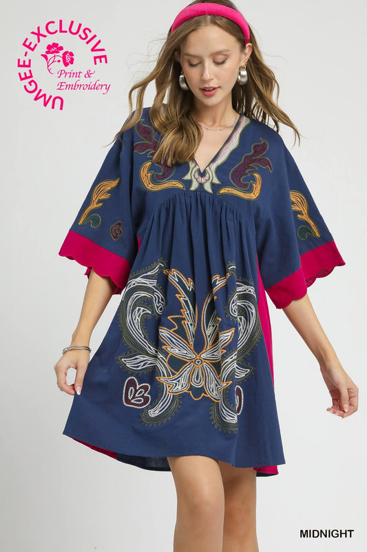 ⭐UMGEE COPYRIGHT PRINT⭐ Embroidered Boho Tunic Dress – Deep Blue Multi