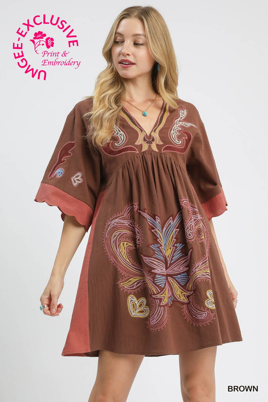 ⭐UMGEE COPYRIGHT PRINT⭐ Embroidered Boho Tunic Dress – Brown Earth Tone Mix