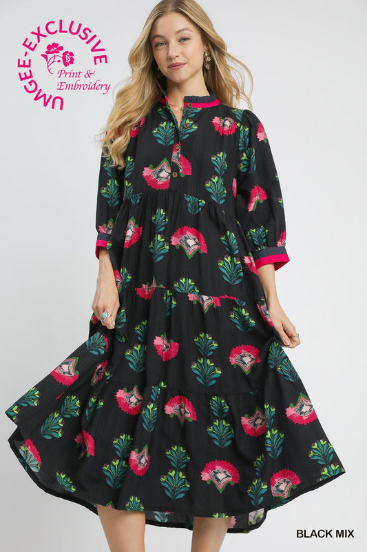 Umgee Floral Print Tiered Midi Dress with Gold-Button Detail – Black Mix