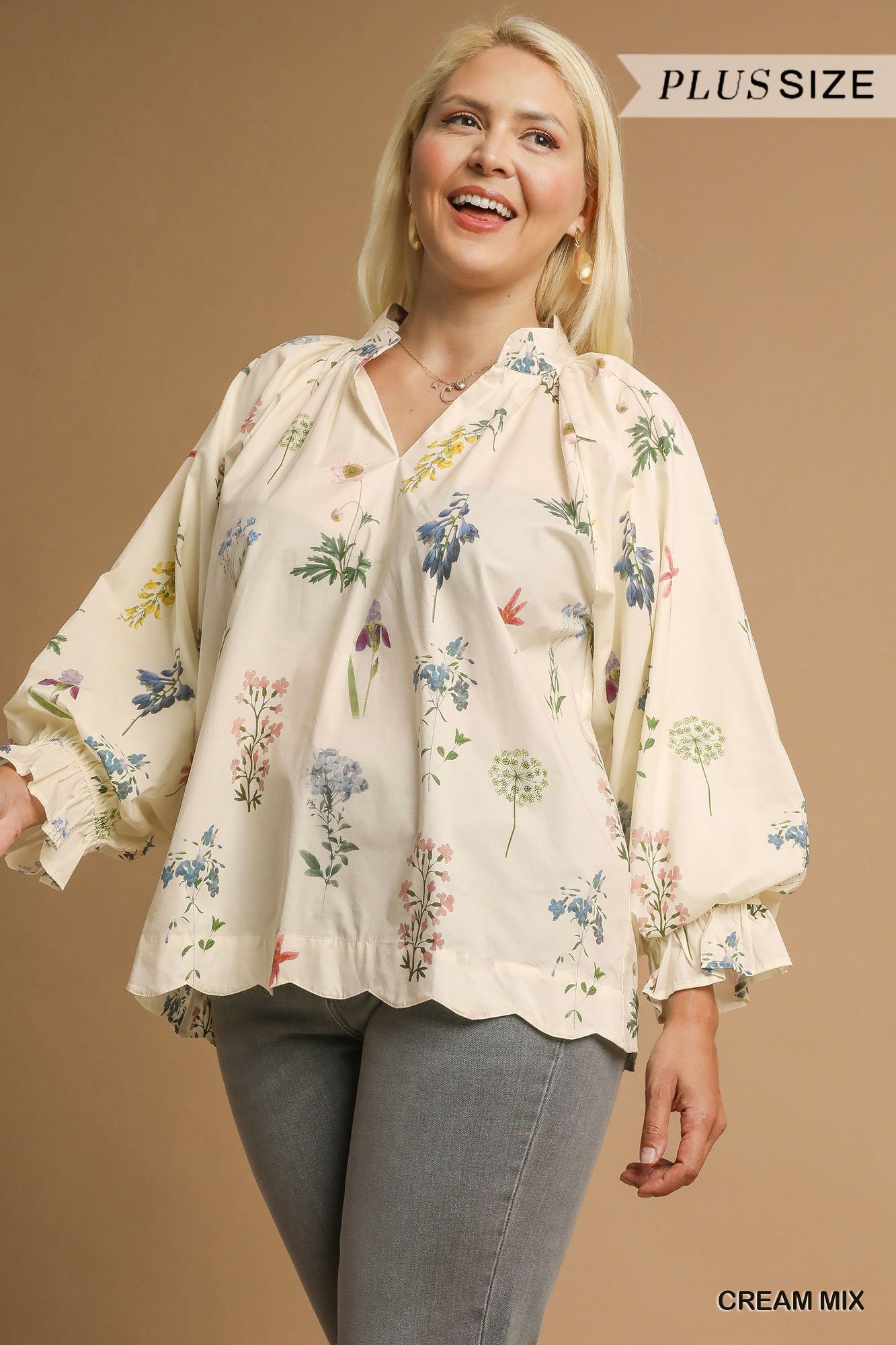 PLUS Umgee Floral Ruffle Neck Blouse with Balloon Sleeves – Cream Mix