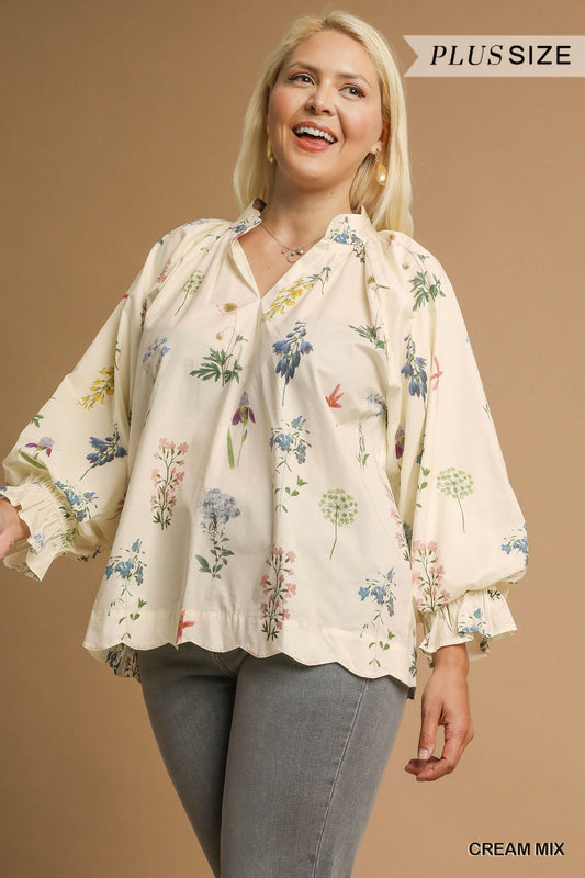 PLUS Umgee Floral Ruffle Neck Blouse with Balloon Sleeves – Cream Mix