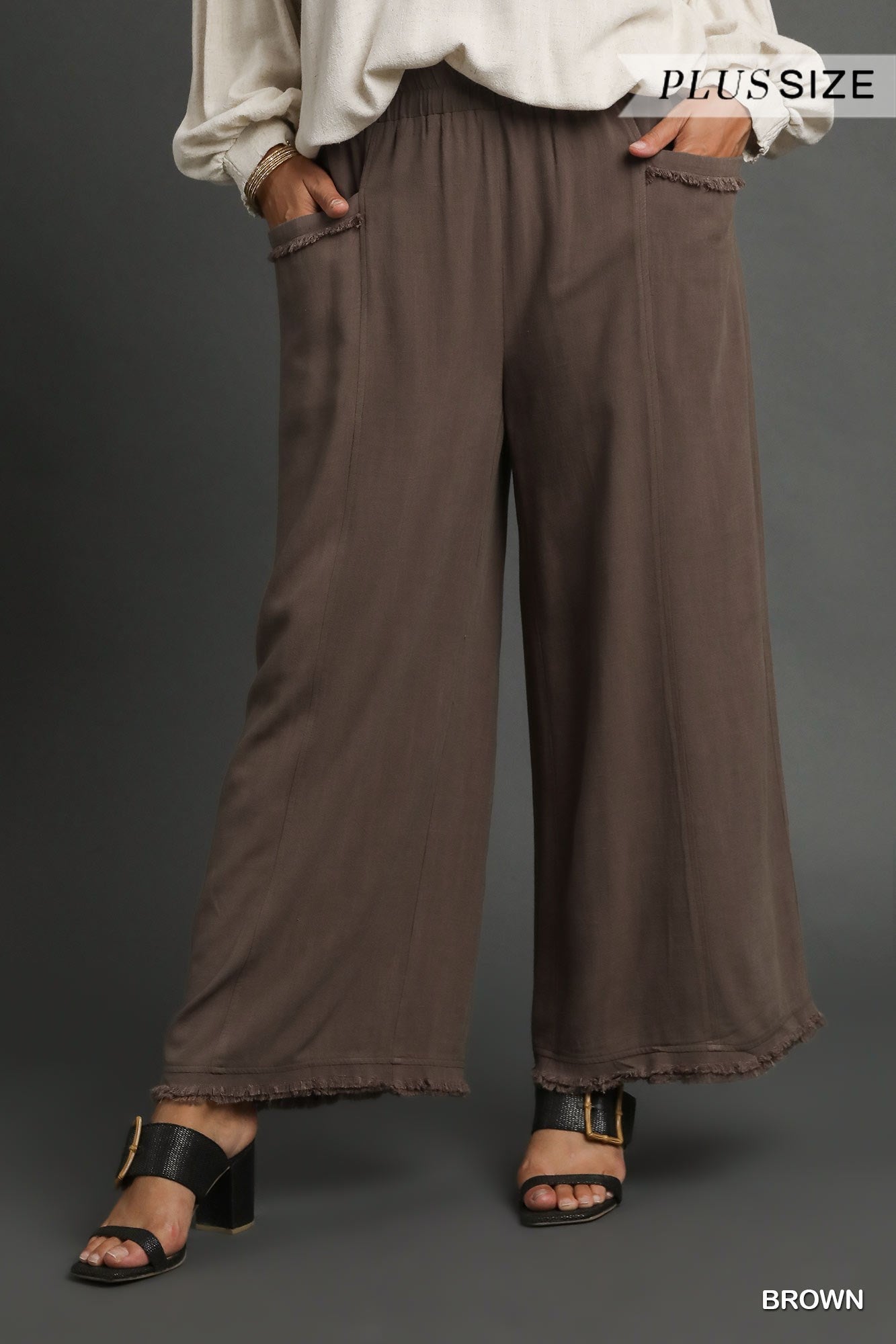 PLUS Umgee Brown Linen Wide Leg Palazzo Pants with Frayed Hem