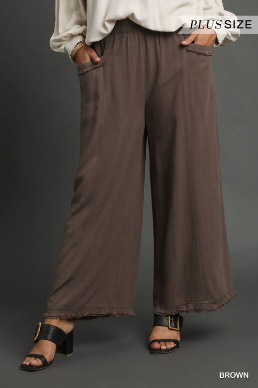 PLUS Umgee Brown Linen Wide Leg Palazzo Pants with Frayed Hem