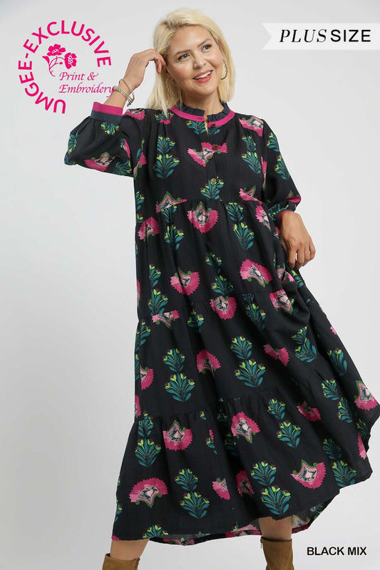 PLUS Umgee Floral Print Tiered Midi Dress with Gold-Button Detail – Black Mix