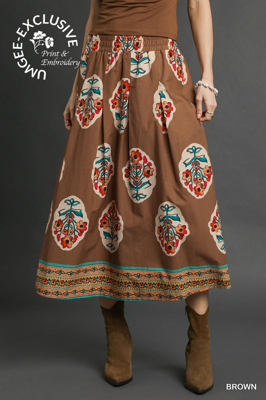 ⭐UMGEE COPYRIGHT PRINT⭐ Boho Floral Midi Skirt – Brown Mix