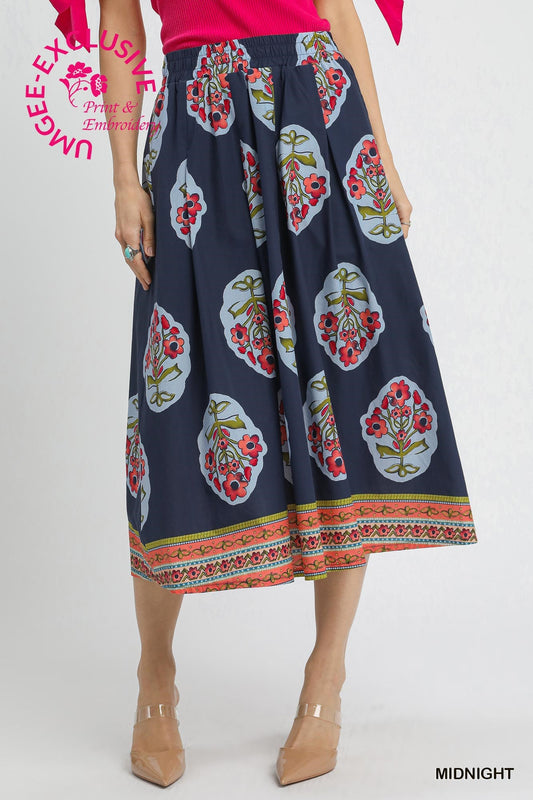 ⭐UMGEE COPYRIGHT PRINT⭐ Boho Floral Midi Skirt – Midnight Mix