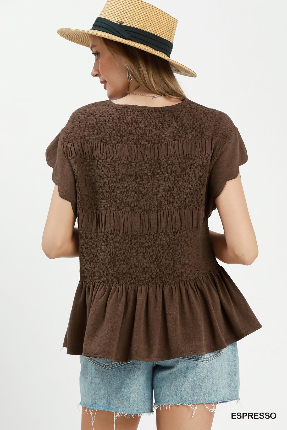Umgee Linen Blend Smocked Peplum Top - Espresso