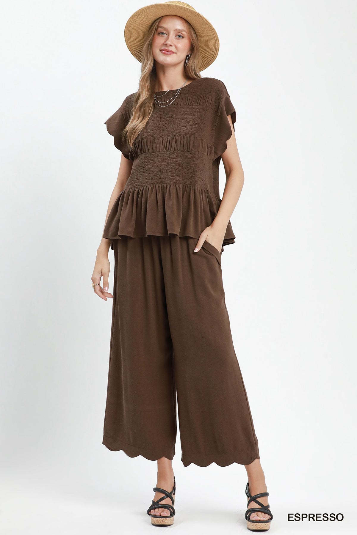 Umgee Linen Blend Scallop Hem Wide Leg Pant - Espresso