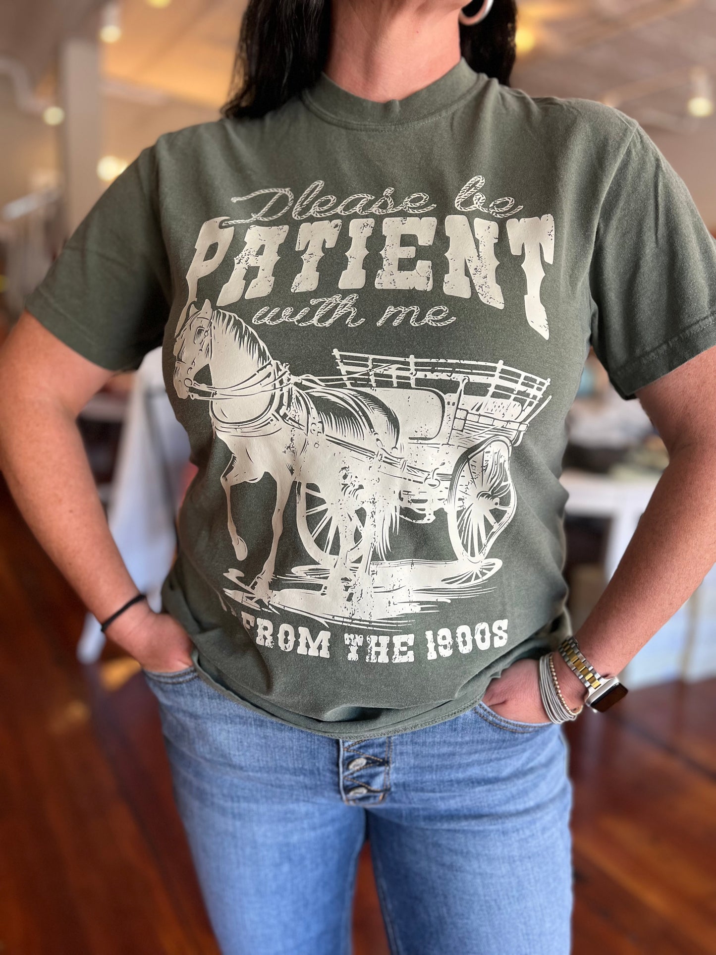 Please Be Patient Comfort Colors Graphic Tee – Moss Green