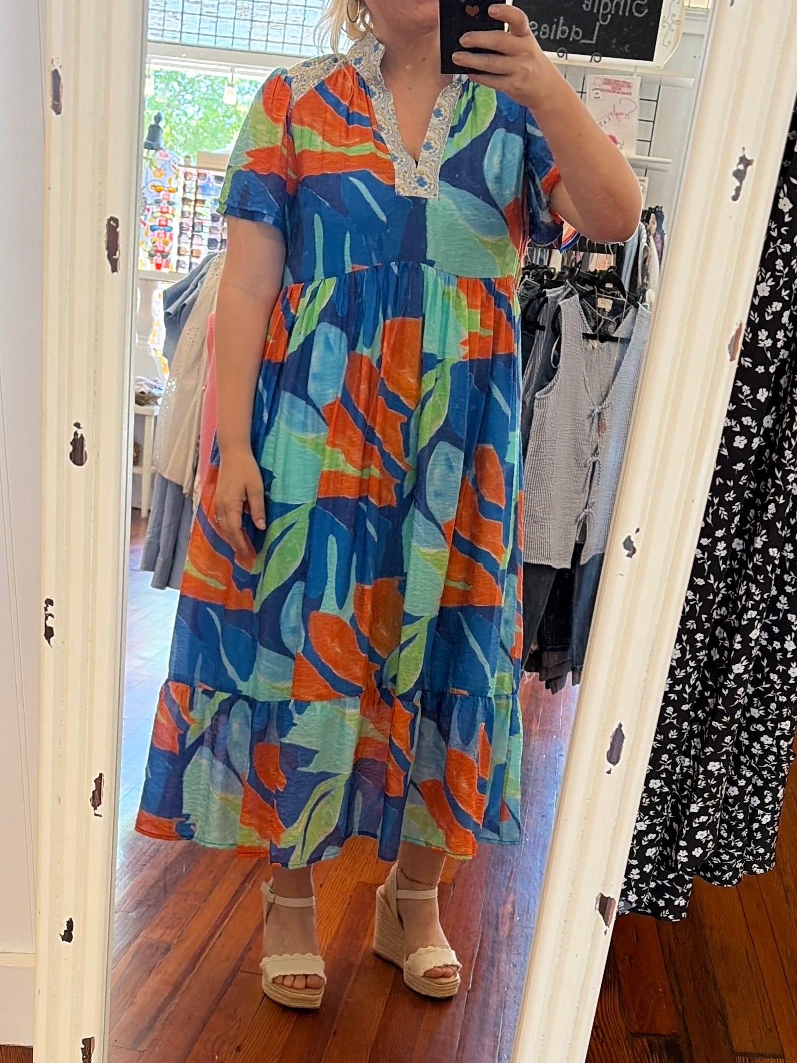 midi tropical dress Tropical Print Short Bubble Sleeves Midi Dress M