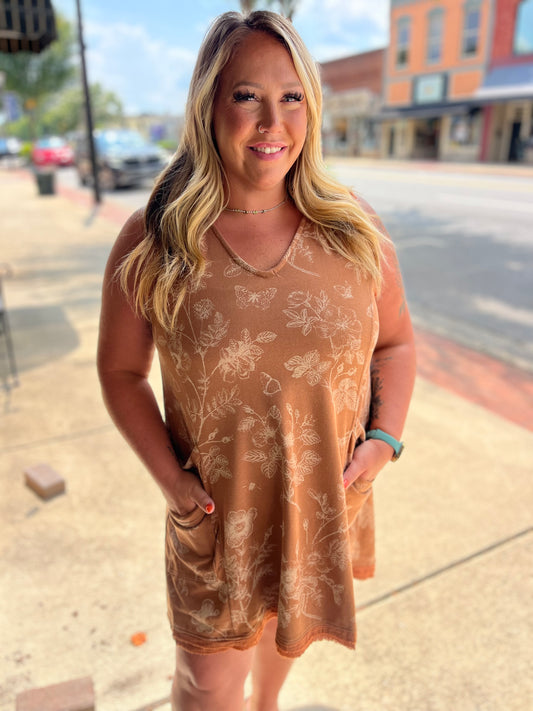 Umgee Mineral Washed Floral Terry Dress with Pocket Detail