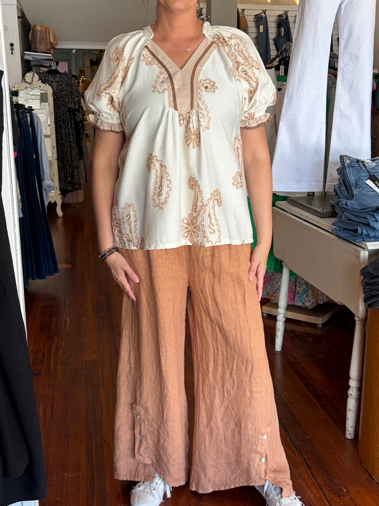 Umgee Latte Paisley Embroidered Top – Puff Sleeve Front Tie Blouse