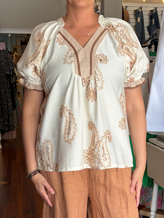 Umgee Latte Paisley Embroidered Top – Puff Sleeve Front Tie Blouse