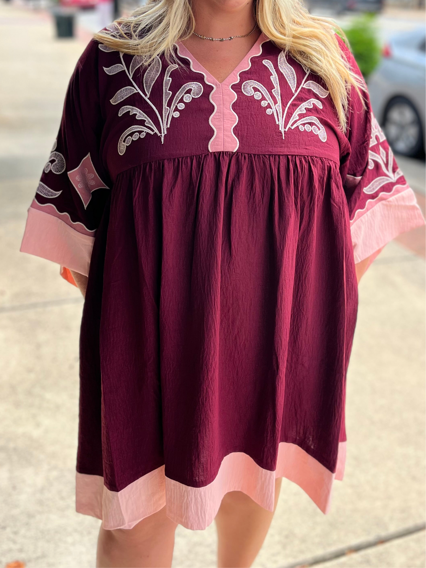 Embroidered Plunge V-Neck Mini Dress with Contrast Bands – Burgundy Mix + PLUS
