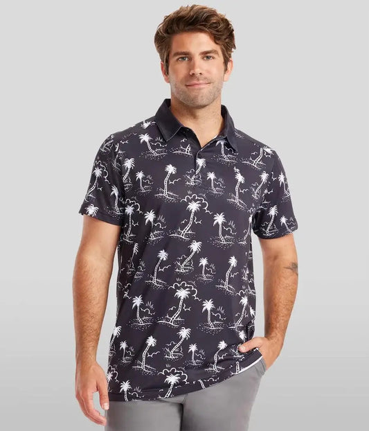 Monochrome Moonlight Golf Shirt - Men's Palm Tree Golf Polo Tipsy Elves