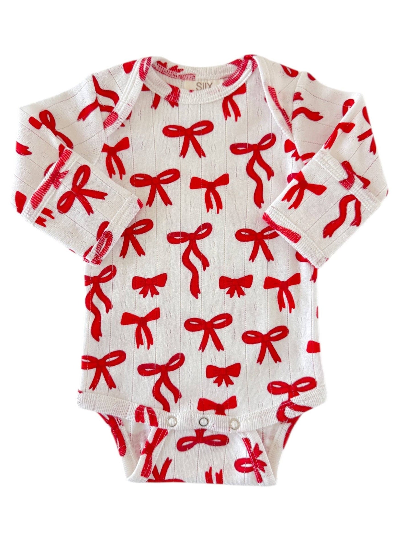 Red Bows / Organic Pointelle Long Sleeve Bodysuit: 3 - 6 mo.