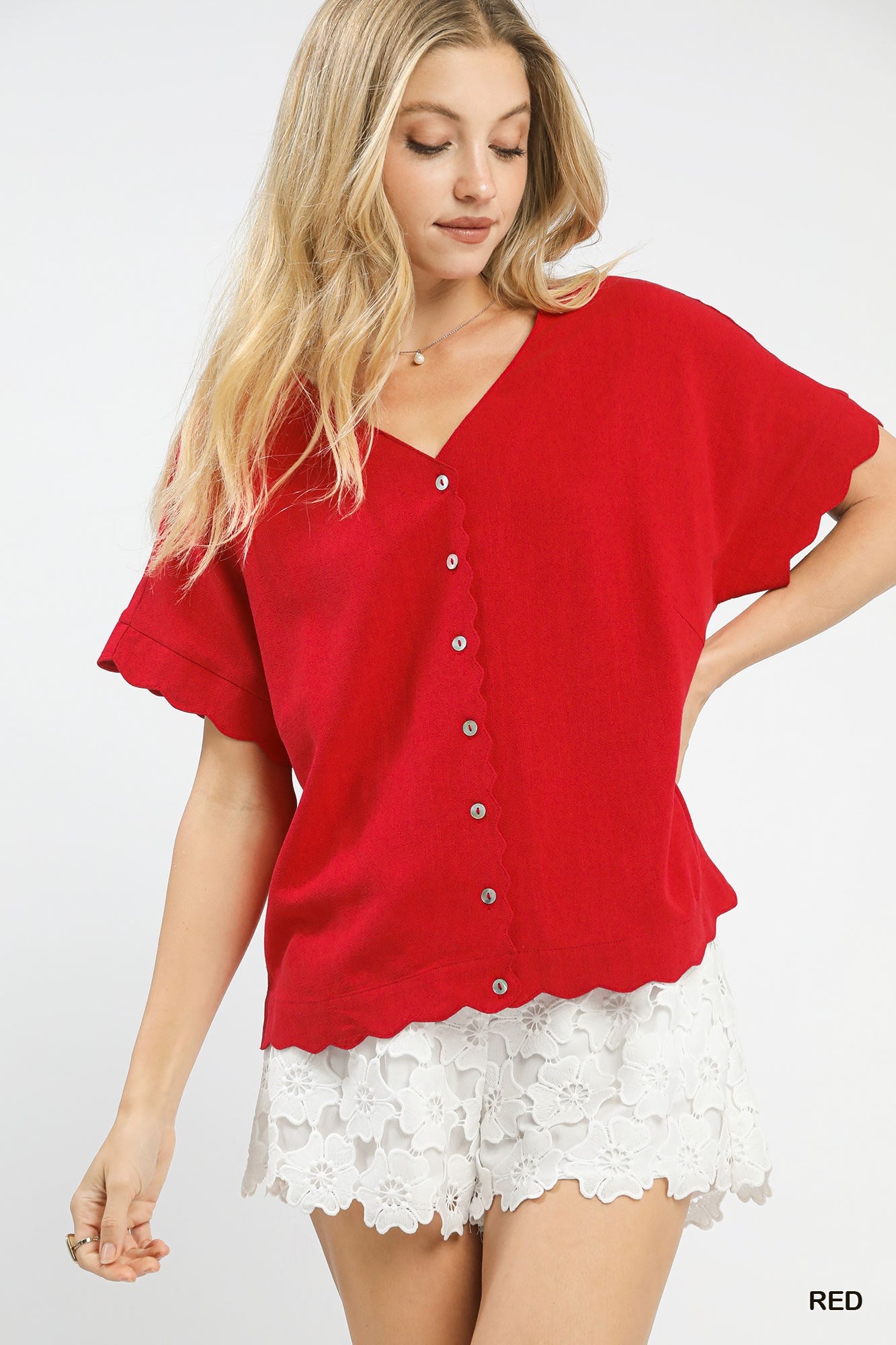 Umgee Red Linen Blend Scalloped Button Front Top