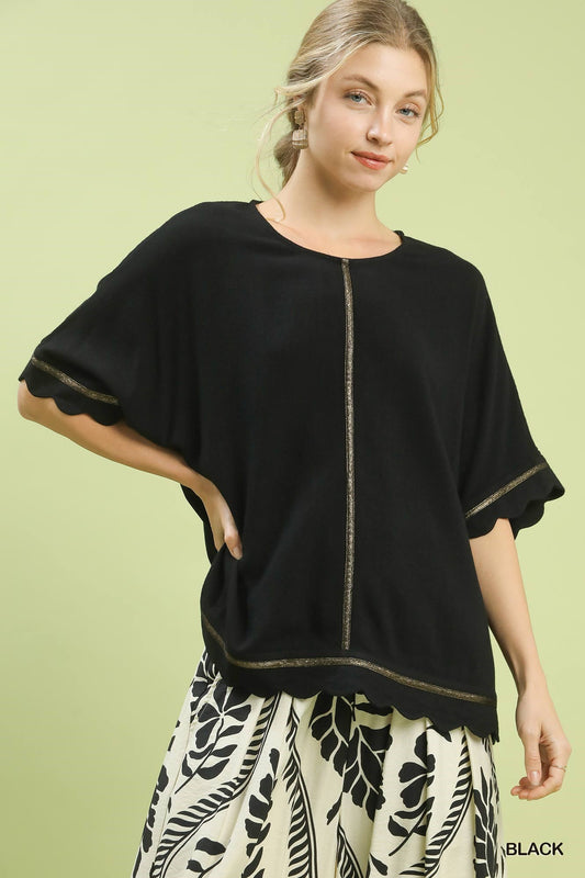 Umgee Linen Blend Scallop Trim Top - Black