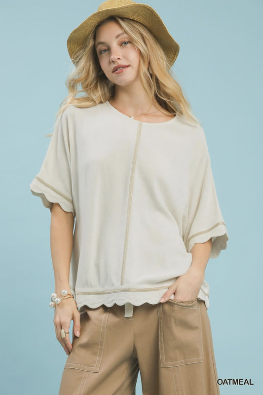 Umgee Linen Blend Scallop Trim Top - Oatmeal