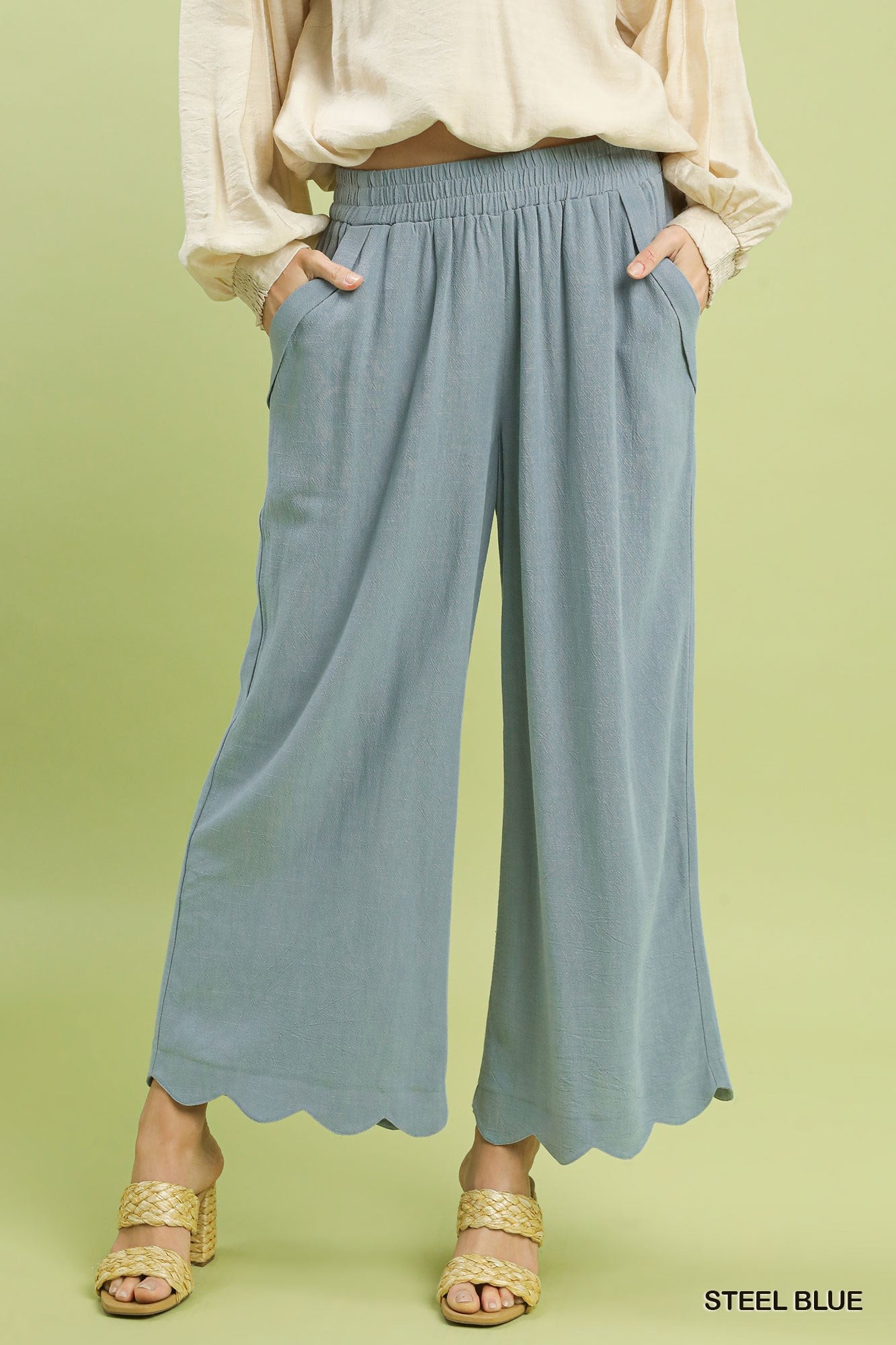 Umgee Linen Blend Scallop Hem Wide-Leg Pants – Steel Blue