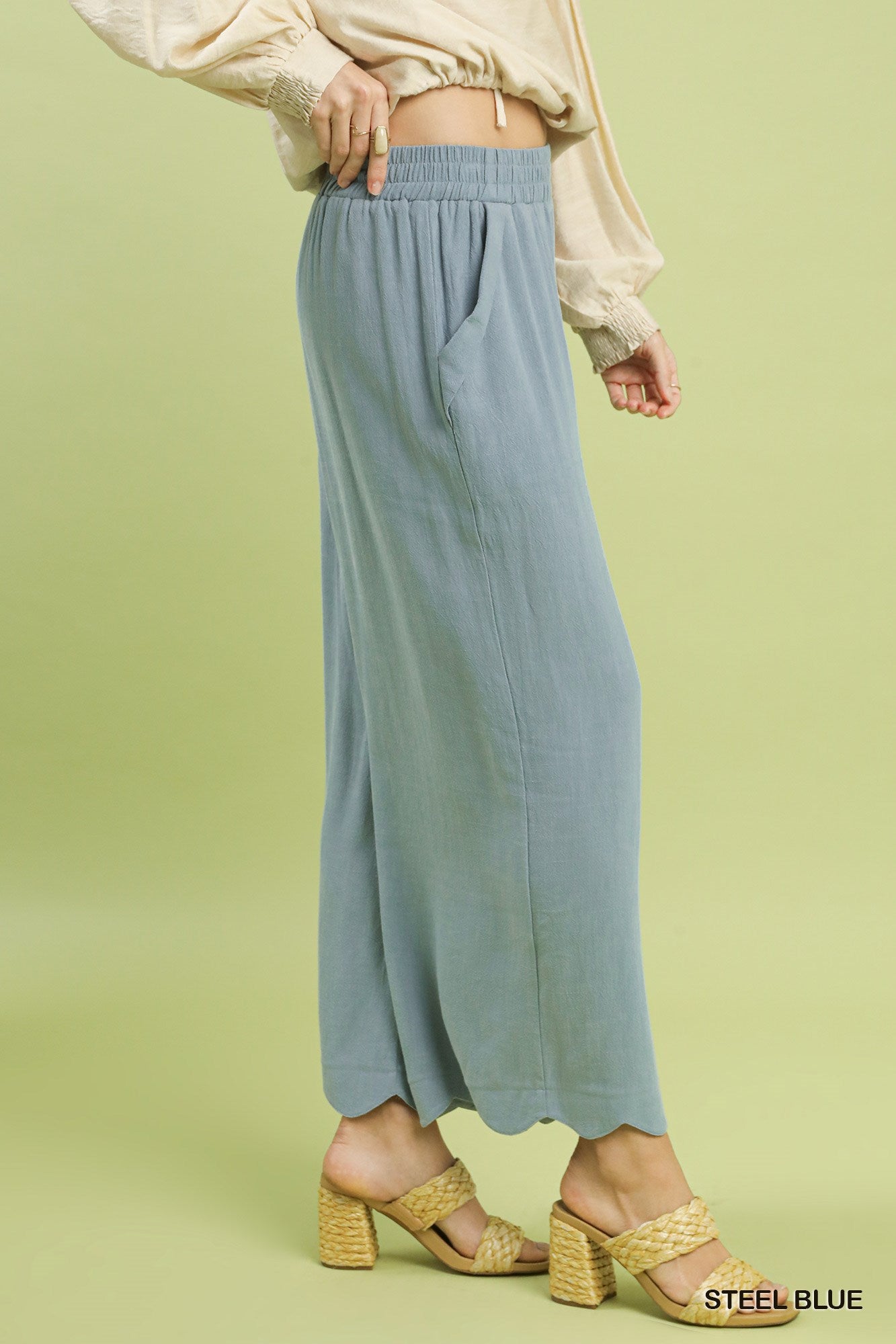Umgee Linen Blend Scallop Hem Wide-Leg Pants – Steel Blue