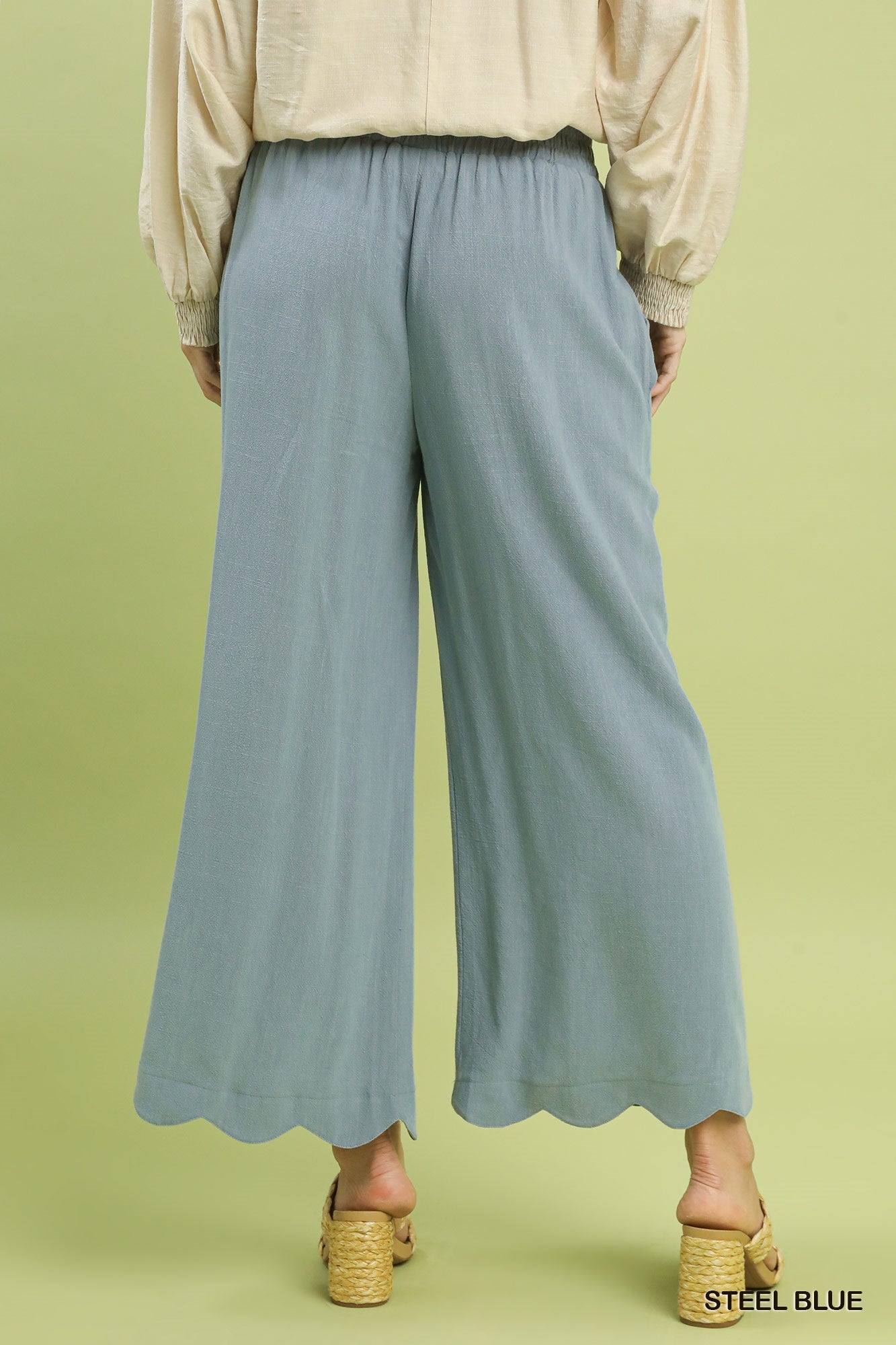 Umgee Linen Blend Scallop Hem Wide-Leg Pants – Steel Blue