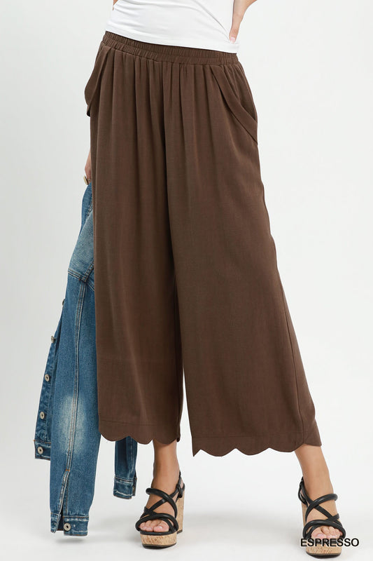 Umgee Linen Blend Scallop Hem Wide Leg Pant - Espresso