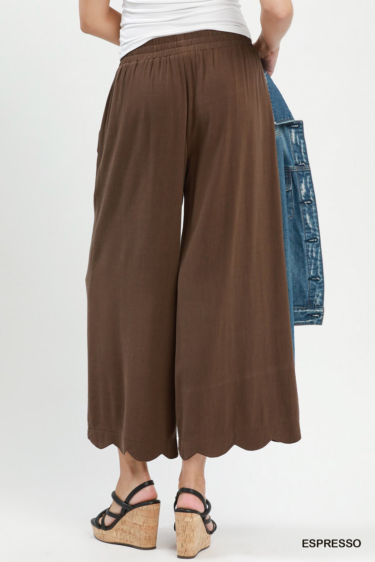 Umgee Linen Blend Scallop Hem Wide Leg Pant - Espresso
