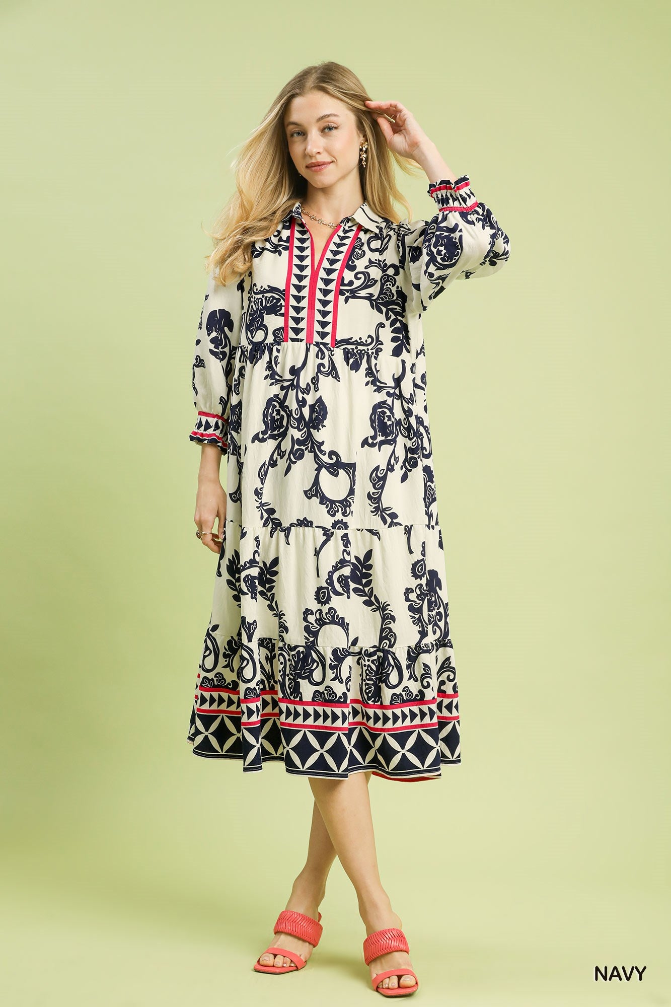 Umgee Navy Boho Print Tiered Midi Dress