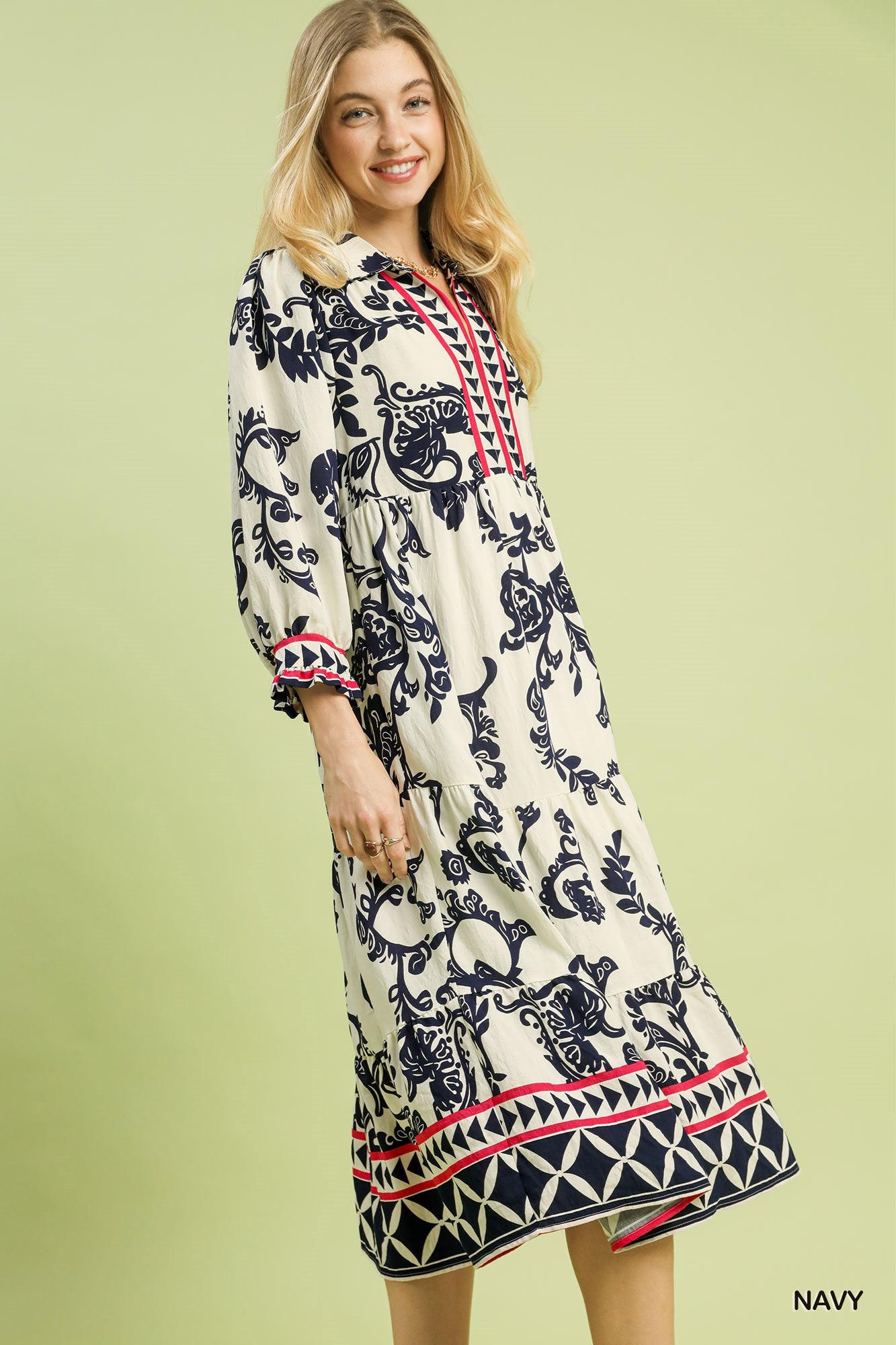 Umgee Navy Boho Print Tiered Midi Dress