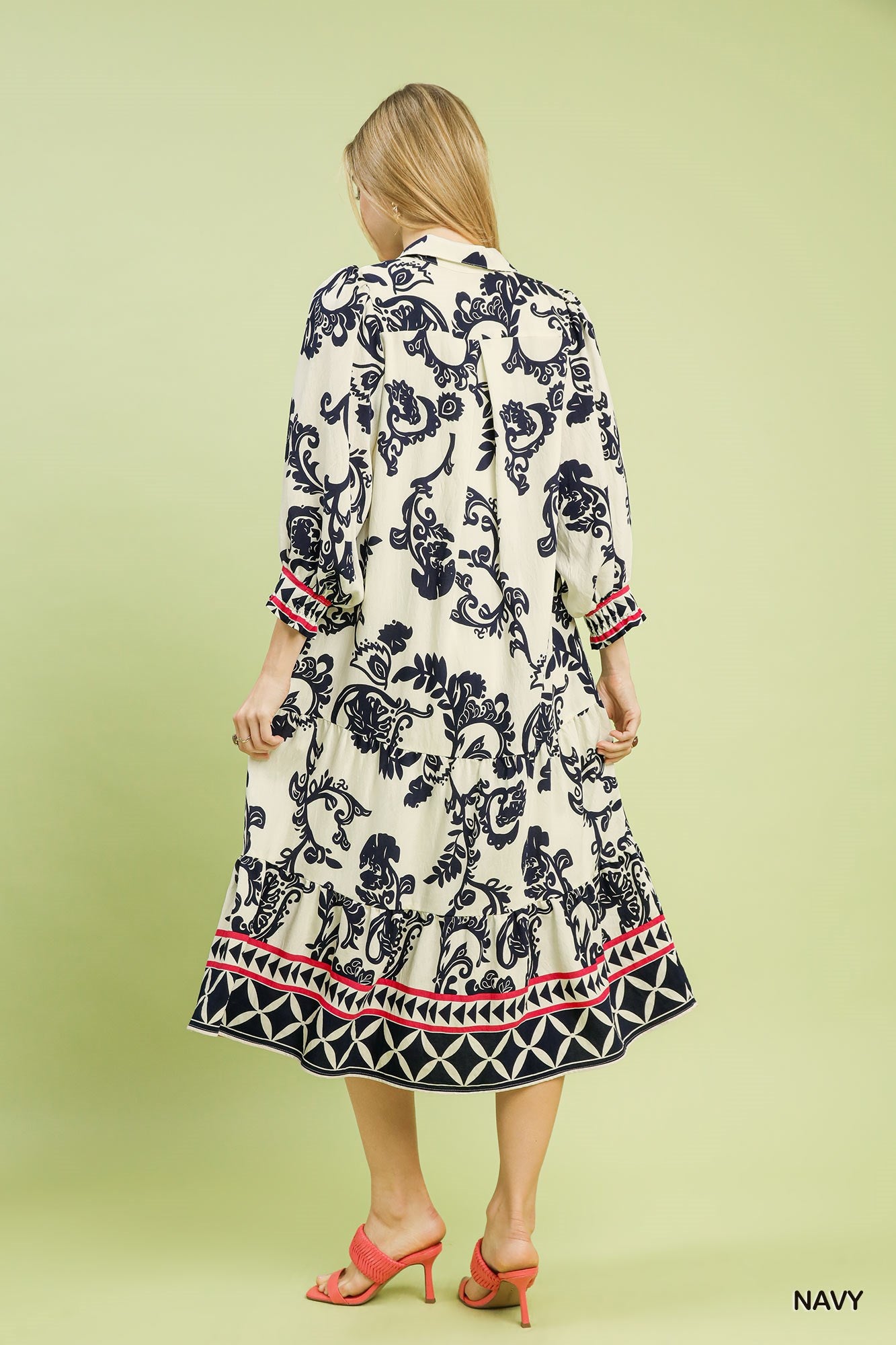 Umgee Navy Boho Print Tiered Midi Dress