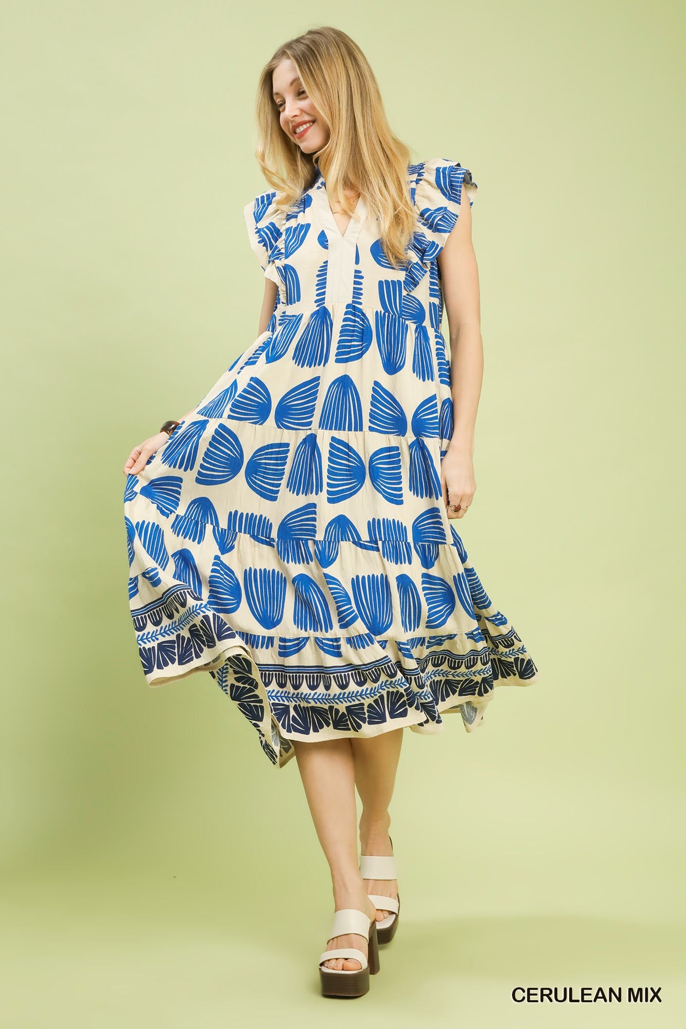Umgee Cerulean Blue Abstract Print Tiered Midi Dress – Women's Boho Maxi Dress with Pockets