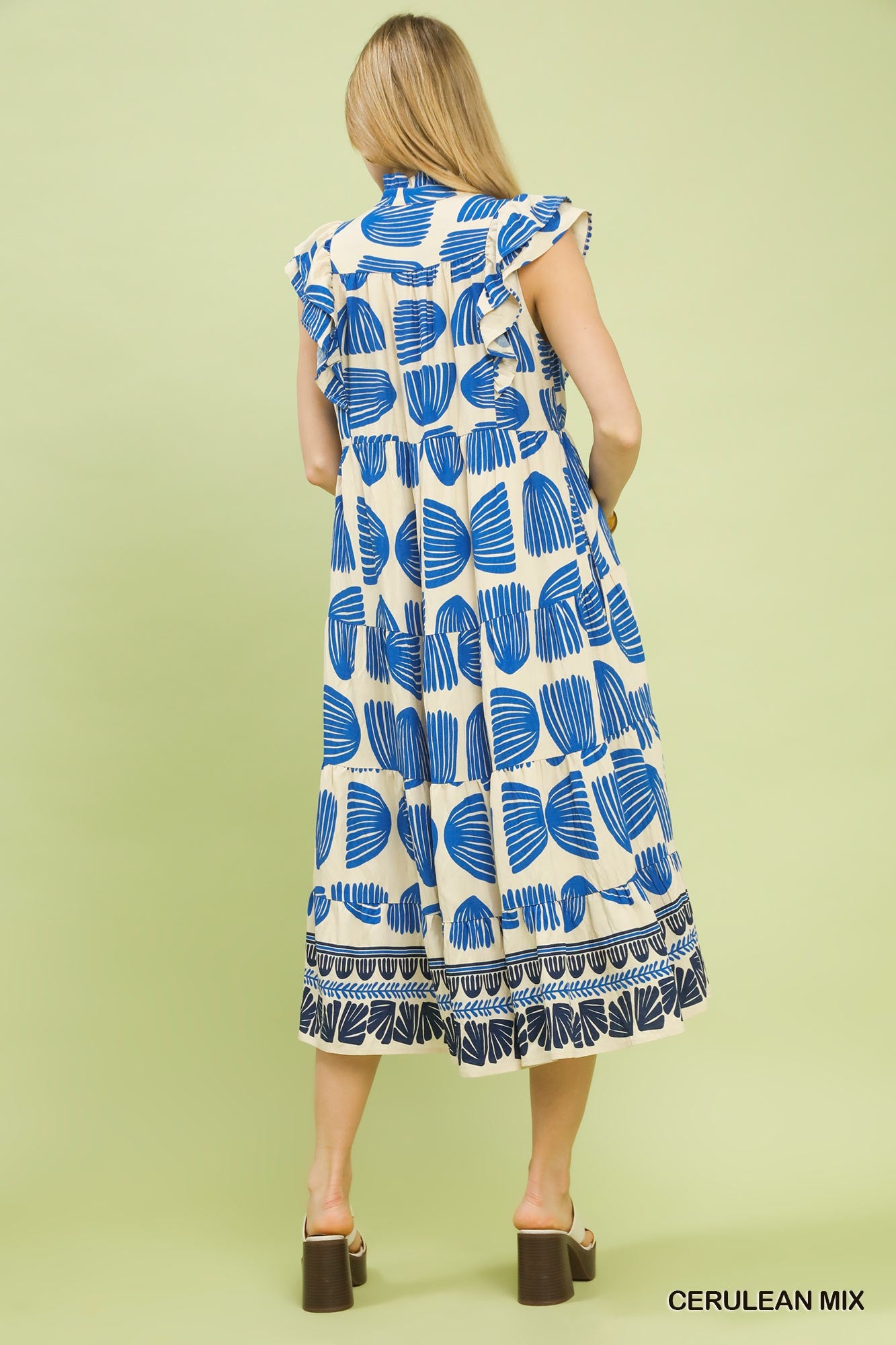 Umgee Cerulean Blue Abstract Print Tiered Midi Dress – Women's Boho Maxi Dress with Pockets