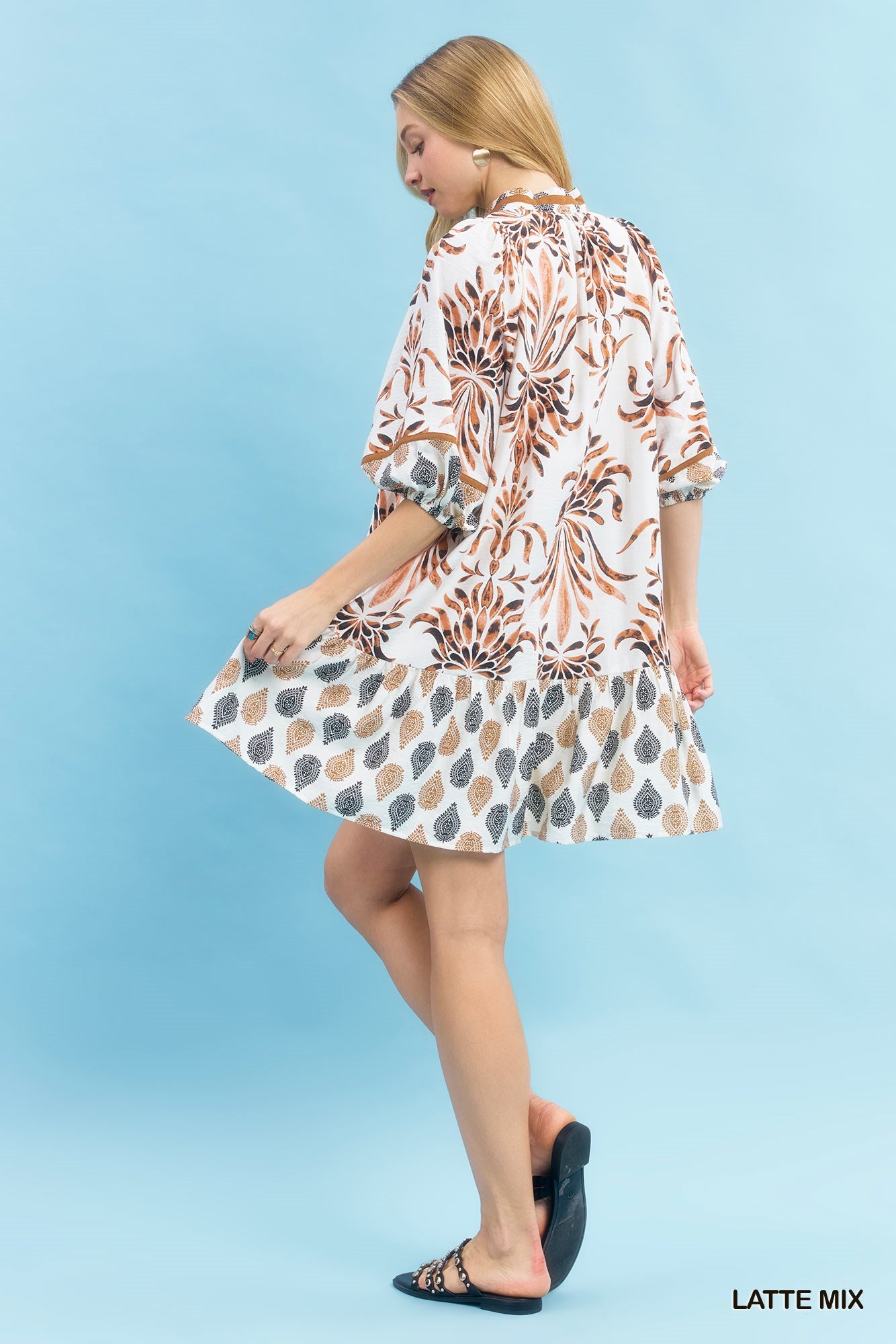 Umgee Latte Mixed Print Babydoll Boho Ruffle Hem Dress with Pockets